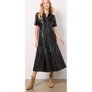 Evereve Elliott Tiered Faux Leather Dress Black Size Small Button Up Line